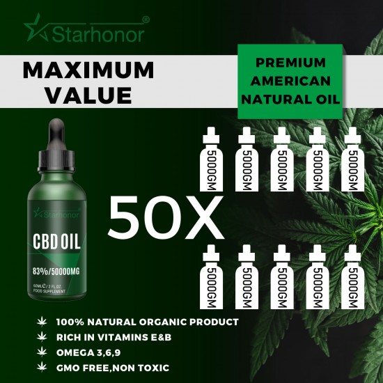 Starhonor 50000mg 83% C-B-D Oil 60ml, High Strength Hemp Extract, Made in USA